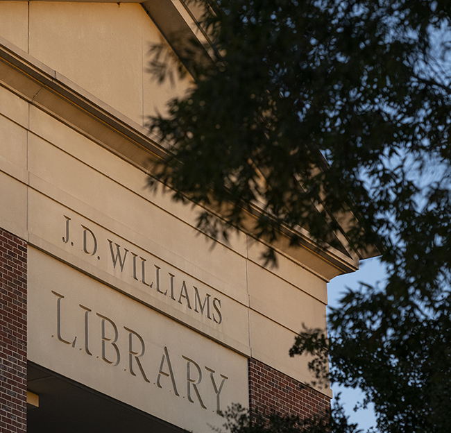 Close up of the J.D. WIlliams Library engraving on the building