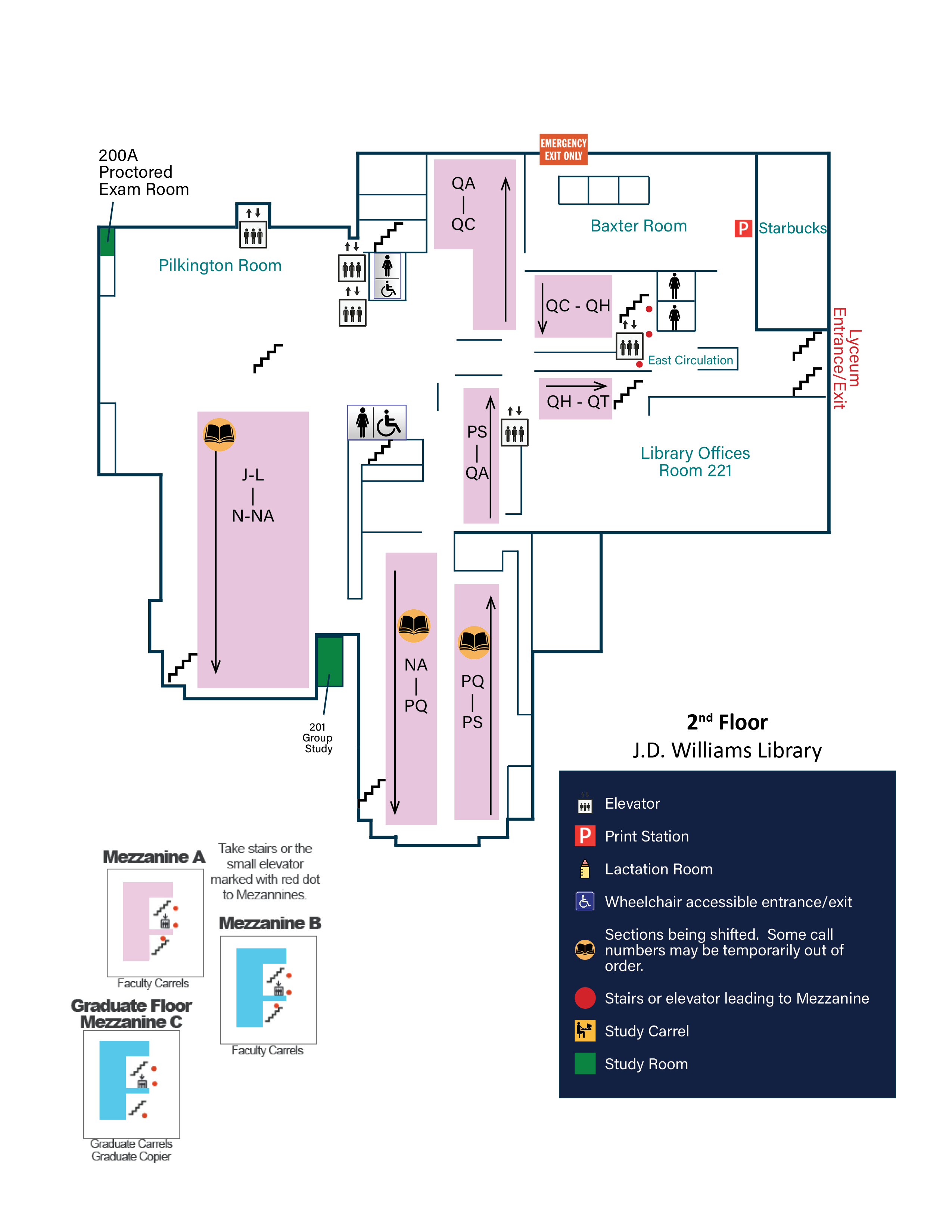 Map of the second floor of J.D. Williams Library