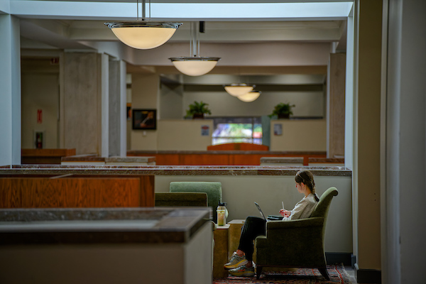 woman studying inthe library