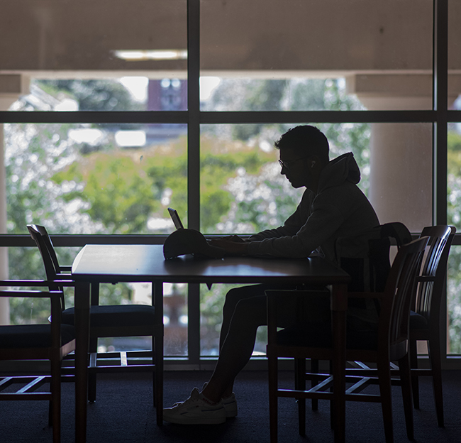 Silhouette of a student studying on a laptop at a table in front of a large library window.