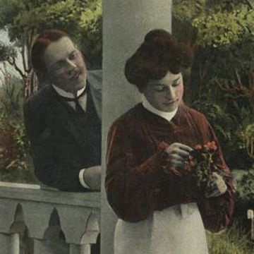 Postcard from the Ann Rayburn Paper Americana Postcard Collection depicts a couple on a porch